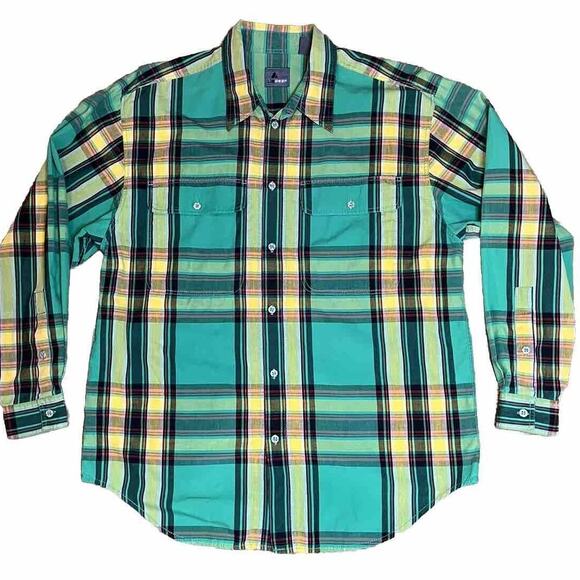 LIZ WEAR Vintage Long Sleeve Button Up Men's Size Large BOLD Green plaid COTTON - Picture 1 of 11